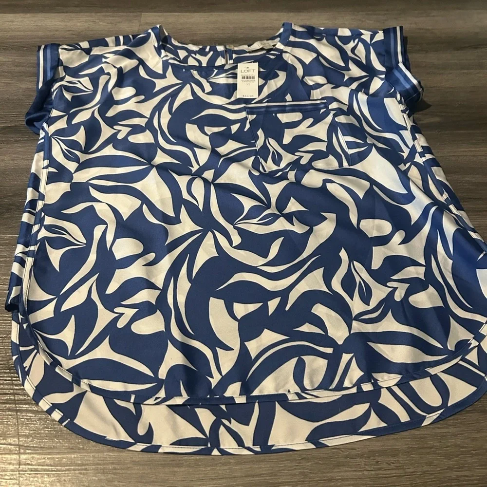 LOFT Navy and White Abstract Blouse